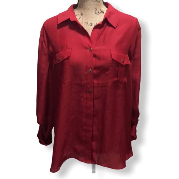 {Chico’s} Satin Red Button Down Roll Tab Blouse - Picture 1 of 6